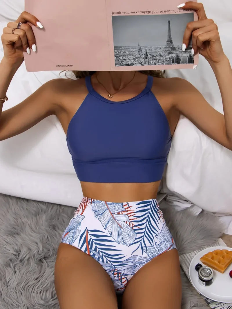 High Neck Solid Print Two Piece Set blue / S