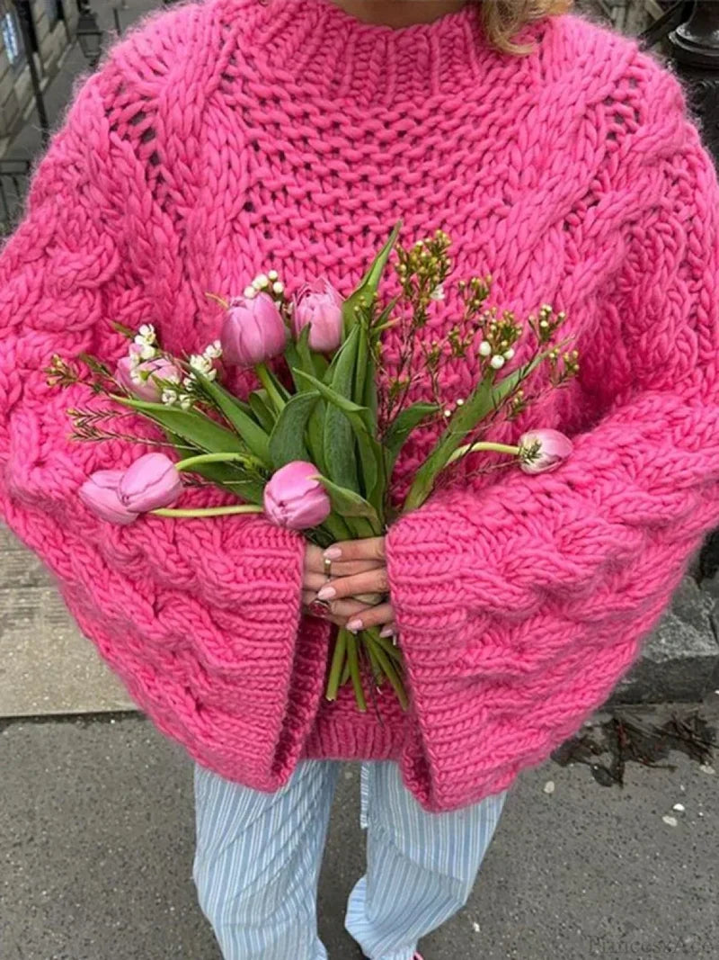 High Neck Wide Long Sleeve Loose Sweater Pink / S