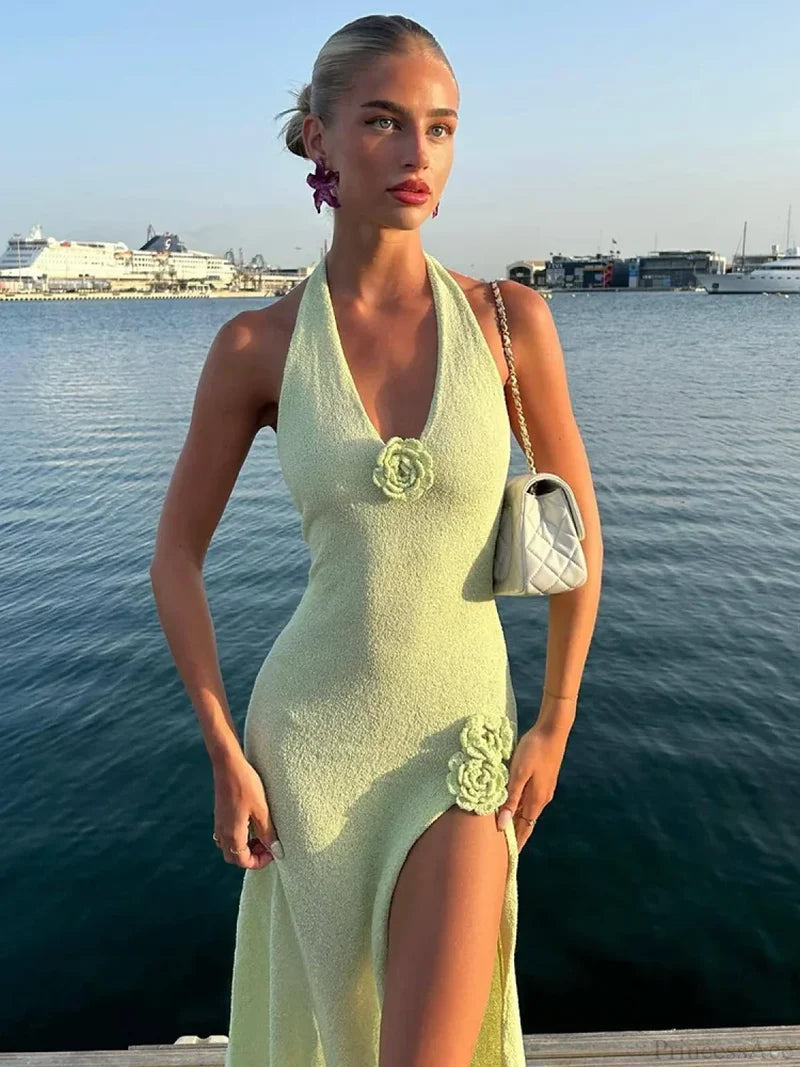High Slit 3D Flowers Halter Vacation Dress vacationdress-250223