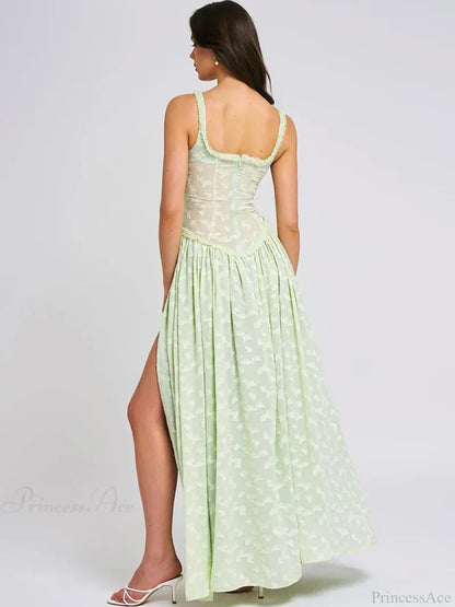 High Slit Square Collar Green Vacation Dress vacationdress-250223
