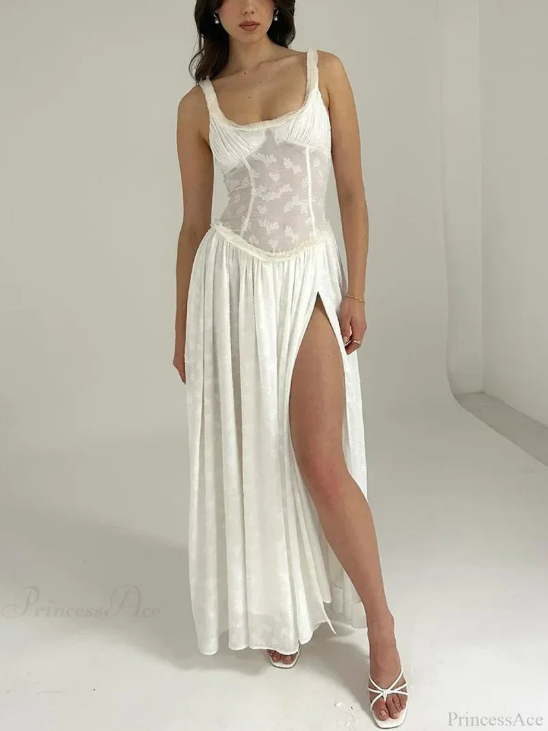 High Slit Square Collar Green Vacation Dress White / S vacationdress-250223