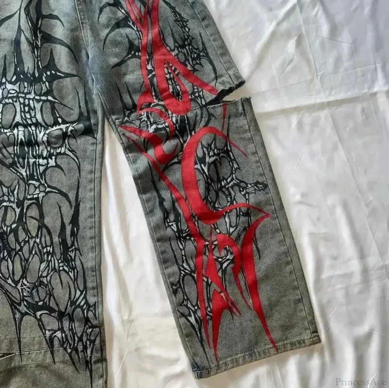 High-Street Printed Wide-Leg Denim Pants