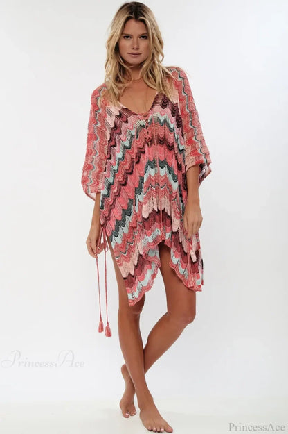 Hollow Deep V-neck Lace Up Tunic Mini Dress Pink / One Size bohodress-250126
