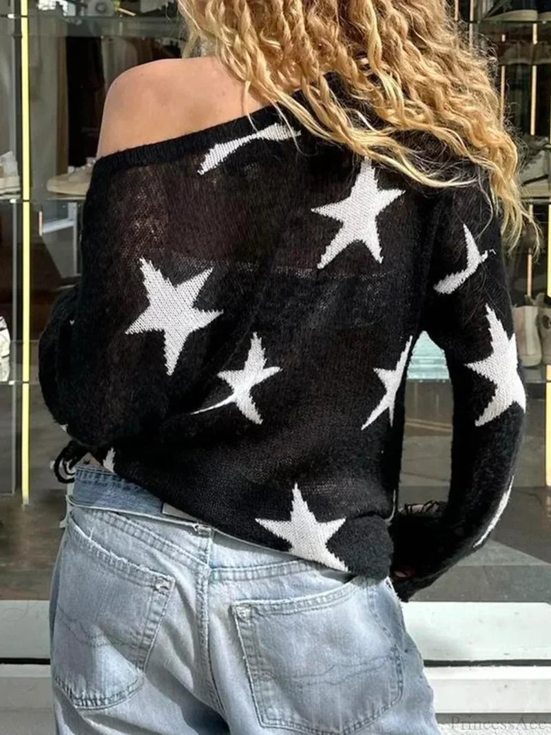 Hollow Out Knitted Gothic Crew Neck Long Sleeve Pullover Sweater knittop-250126