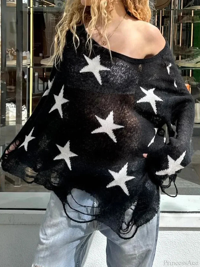 Hollow Out Knitted Gothic Crew Neck Long Sleeve Pullover Sweater knittop-250126