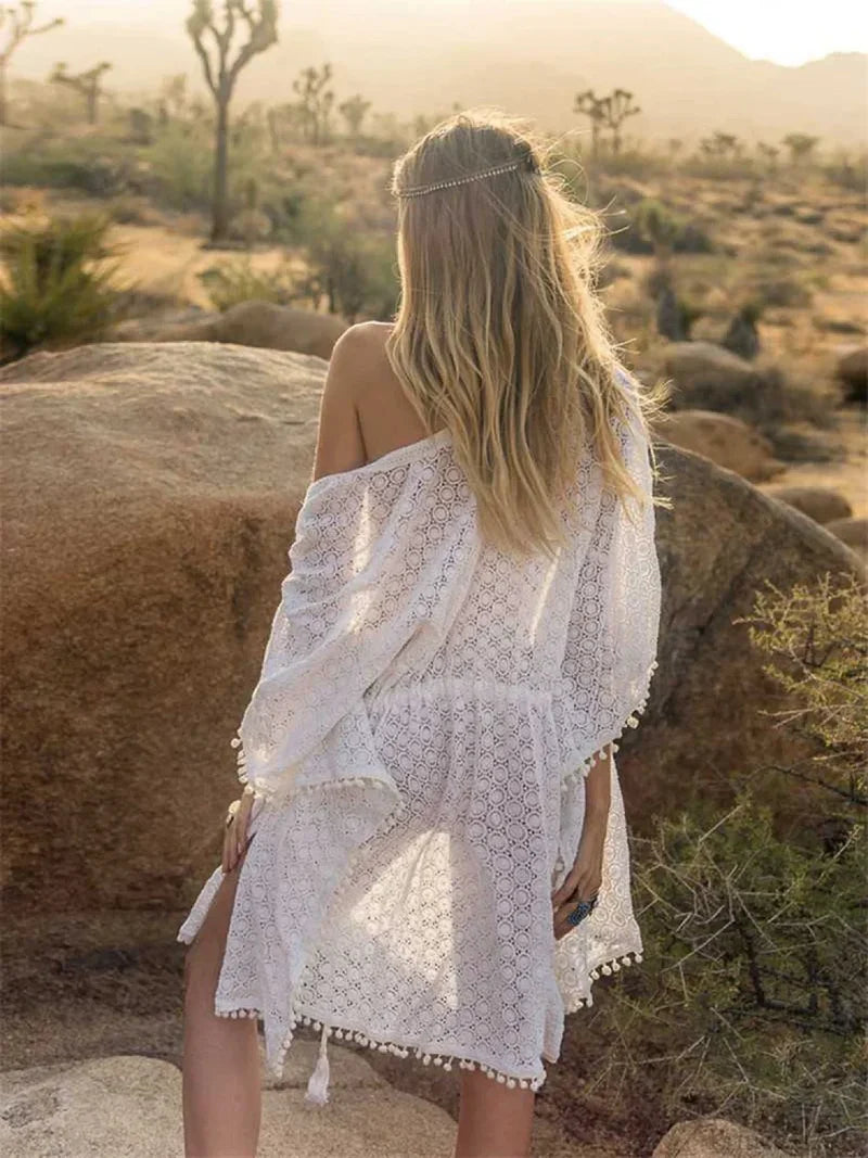Hollow Out Lace Up Bikini Cover Up WHITE / One Size
