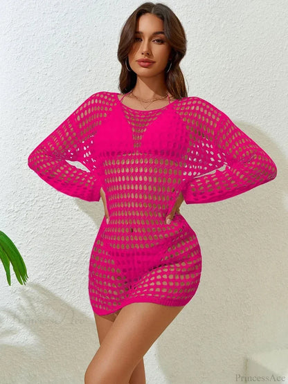 Hollow Out Long Sleeve Bikini Cover Up Rose Red / One Size