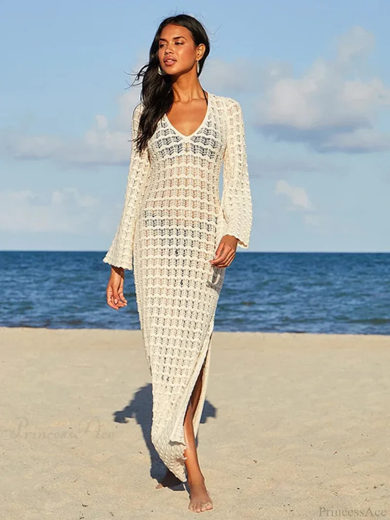 Hollow Out Long Sleeve Bikini Cover Up Beige / One Size
