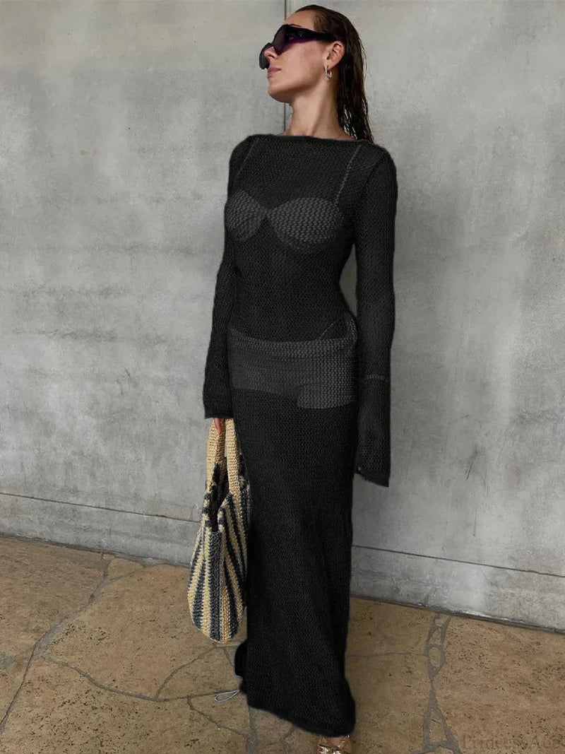 Hollow Out Long Sleeve Bikini Cover Up Black / S