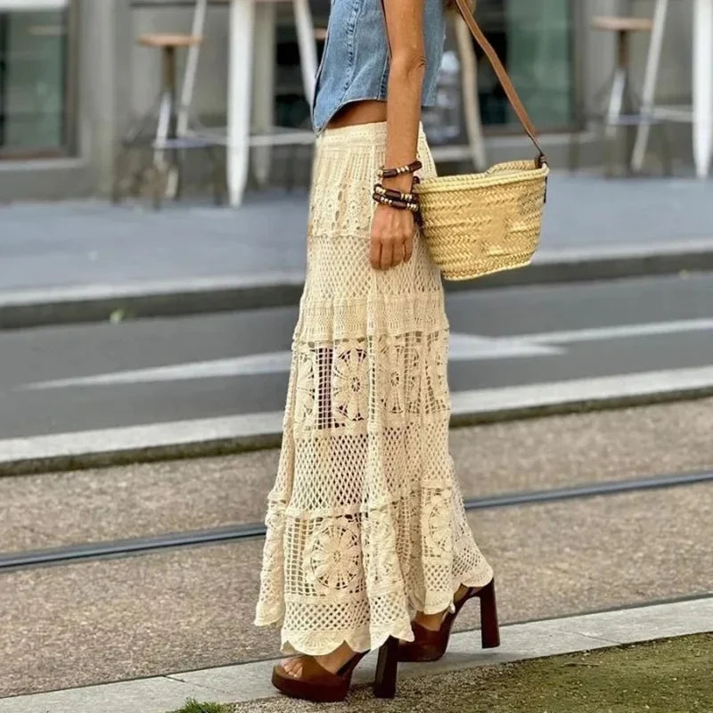 Hollow Out Maxi Skirt Solid Color A-line Hook Romantic Holiday Beige / One Size