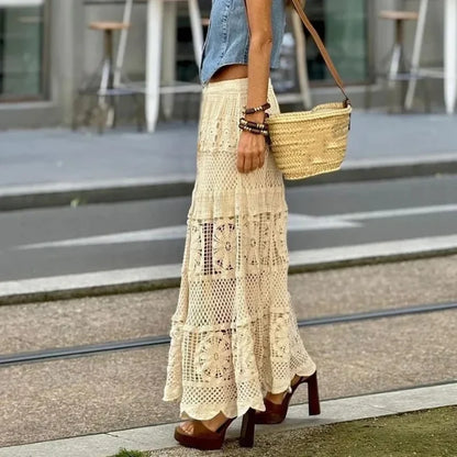 Hollow Out Maxi Skirt Solid Color A-line Hook Romantic Holiday Beige / One Size