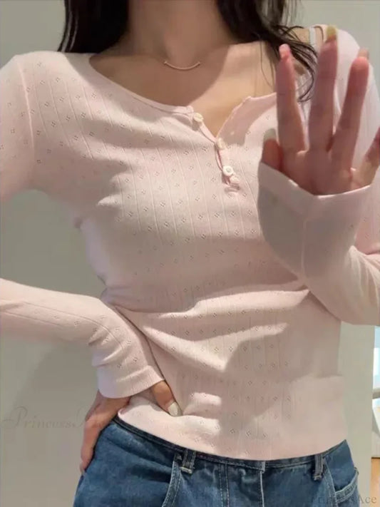 Hollow Out Pink Long Sleeve Sexy Slim Top Knit Top Pink / One Size knittop-250126