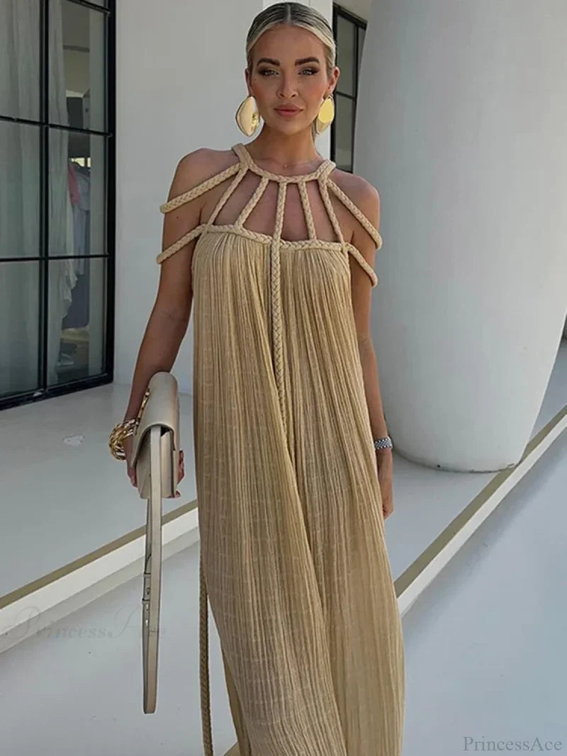 Hollow Out Sleeveless Beach Cover Up Khaki / One Size