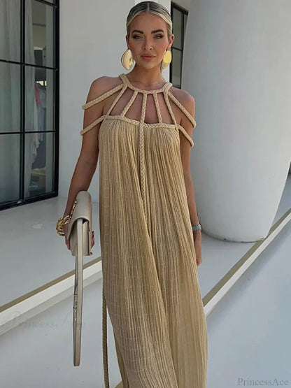 Hollow Out Sleeveless Beach Cover Up Khaki / One Size