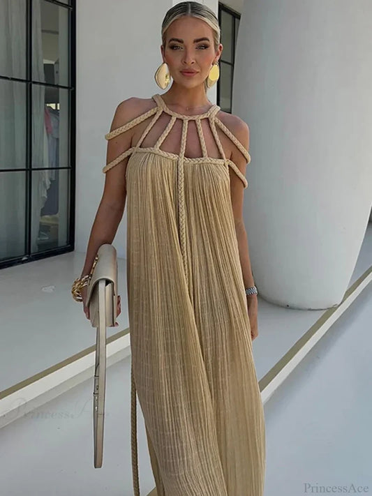Hollow Out Sleeveless Beach Cover Up Khaki / One Size