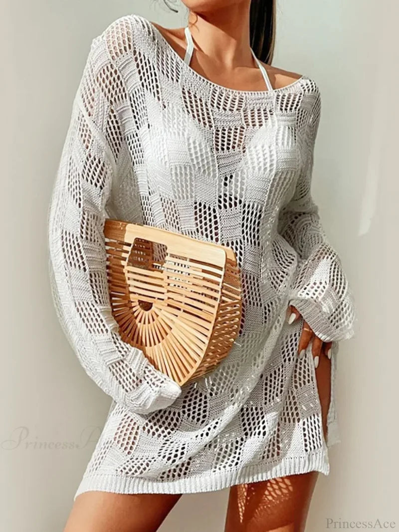 Hollow Out Slit Cut Long Sleeve Bikini Cover Up WHITE / One Size