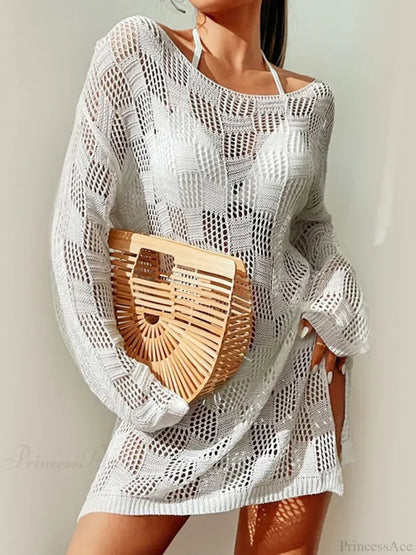 Hollow Out Slit Cut Long Sleeve Bikini Cover Up WHITE / One Size