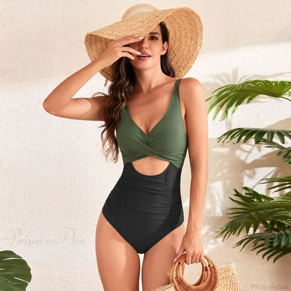 Hollow Out Solid Fashion One Piece Set Army green and black / S