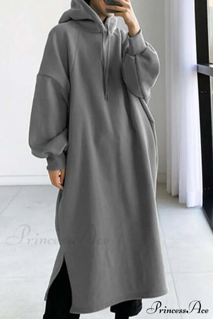 Hooded Sweatshirt Dress With Drop Shoulder Grey / S Midi Dresses