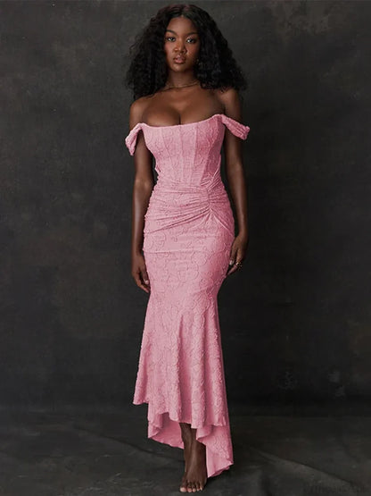 Jacquard Off Shoulder Mermaid Vacation Dress Pink / S vacationdress-250223