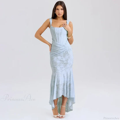 Jacquard Off Shoulder Mermaid Vacation Dress Blue / S vacationdress-250223