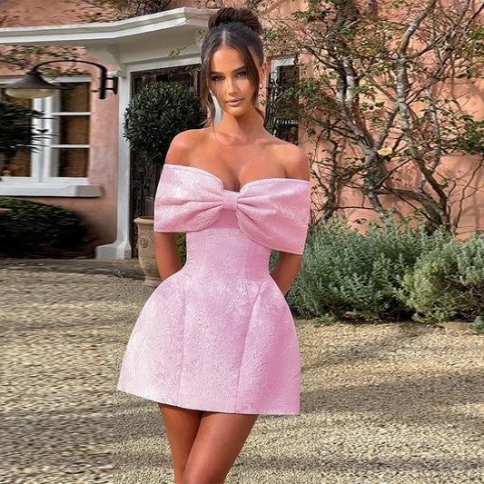 Jacquard Waist Wrap A-line Vacation Dress Pink / S vacationdress-250223
