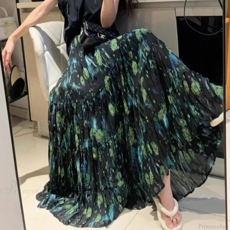 Kawaii Bohemian Floral Maxi Skirt Summer Retro Romantic skirt-250126