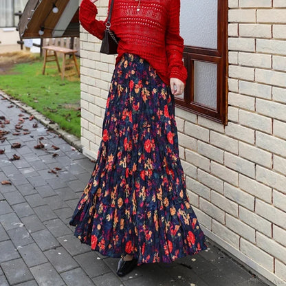 Kawaii Bohemian Floral Maxi Skirt Summer Retro Romantic black red / One Size skirt-250126