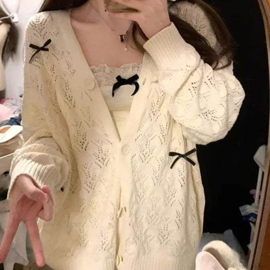 Kawaii Bow Hollow Out Solid Knit Cardigan Beige / S cardiagn-250126