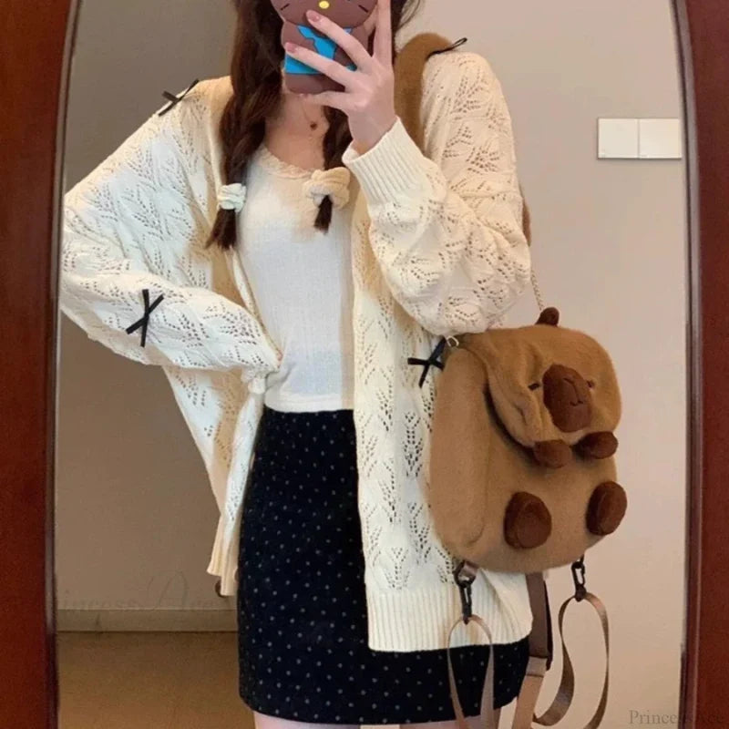 Kawaii Bow Hollow Out Solid Knit Cardigan cardiagn-250126