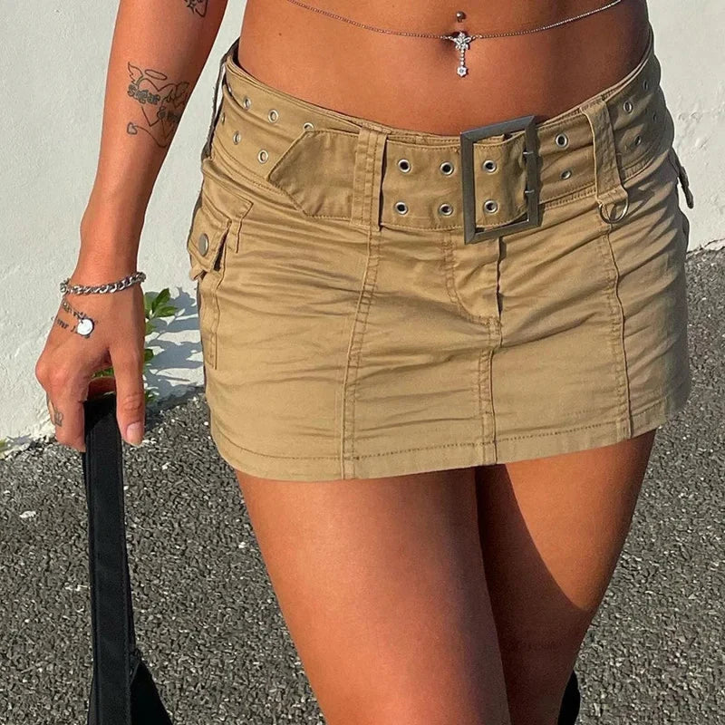 Kawaii Sash Waist Denim Skirt Khaki / S skirts-250223