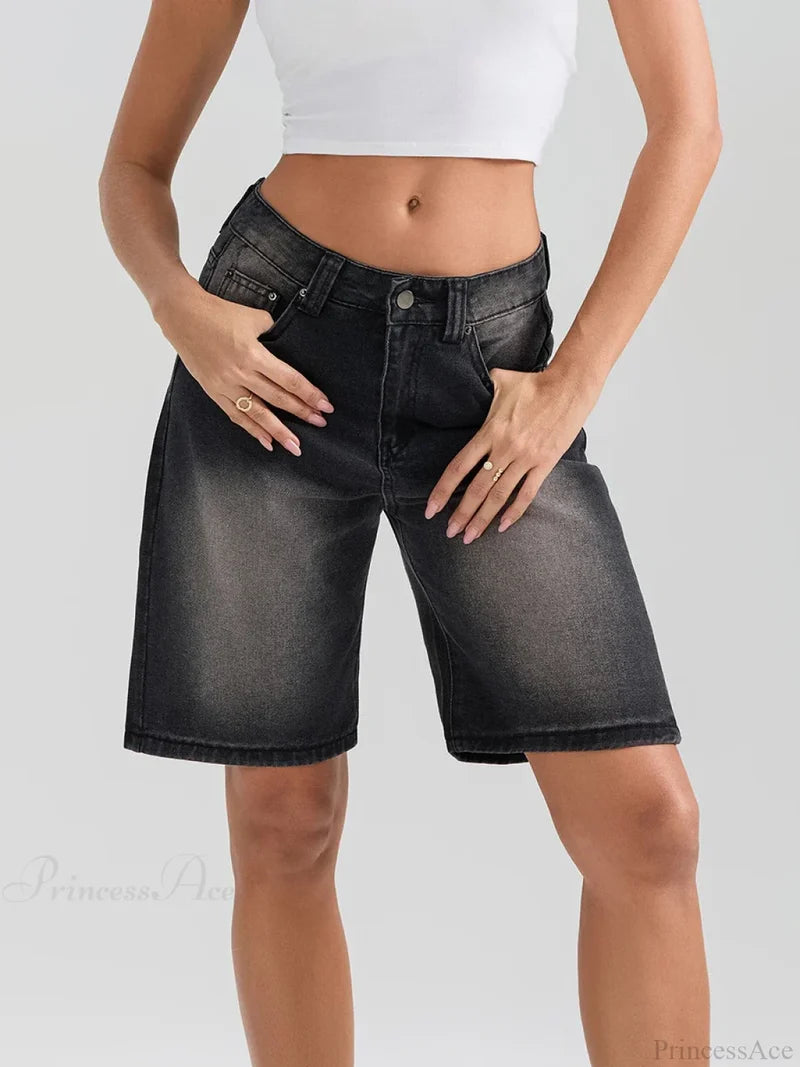 Knee-Length Button Denim Short short-250223