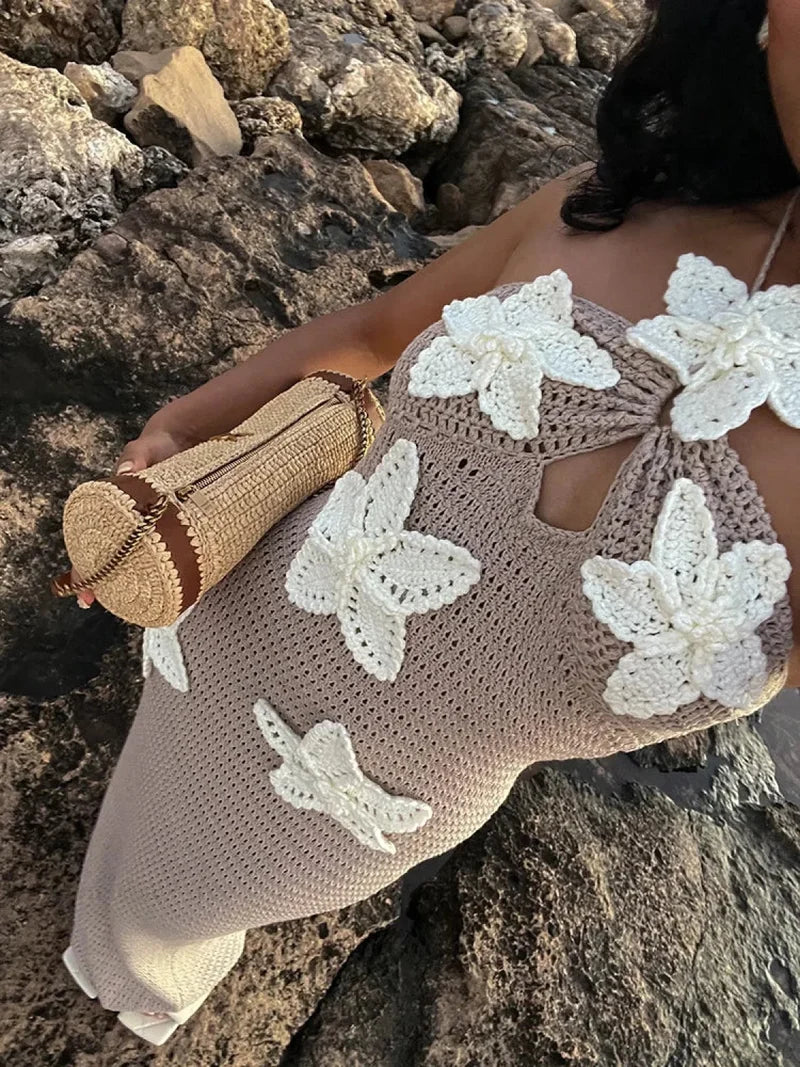 Knit Halter Blue 3D Flowers Vacation Dress Khaki / S vacationdress-250223