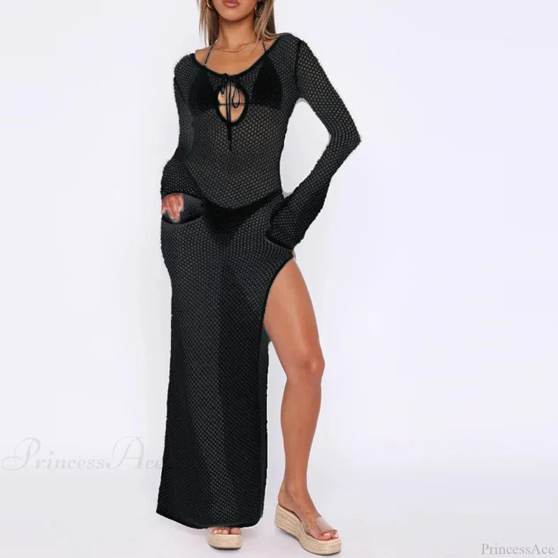Knitted Cover Up Beach Bikini Set 02 Black / S