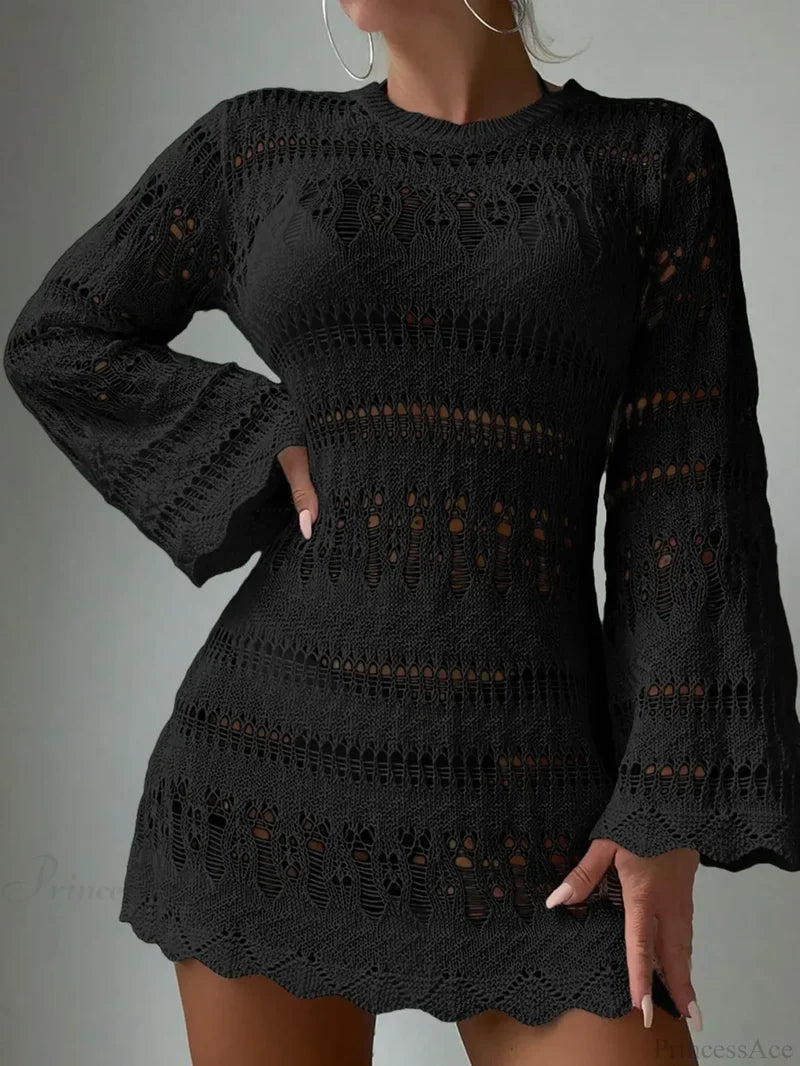 Knitted Hollow Out Sexy Backless Beach Mini Boho Dress Cover-up Black / S bohodress-250126