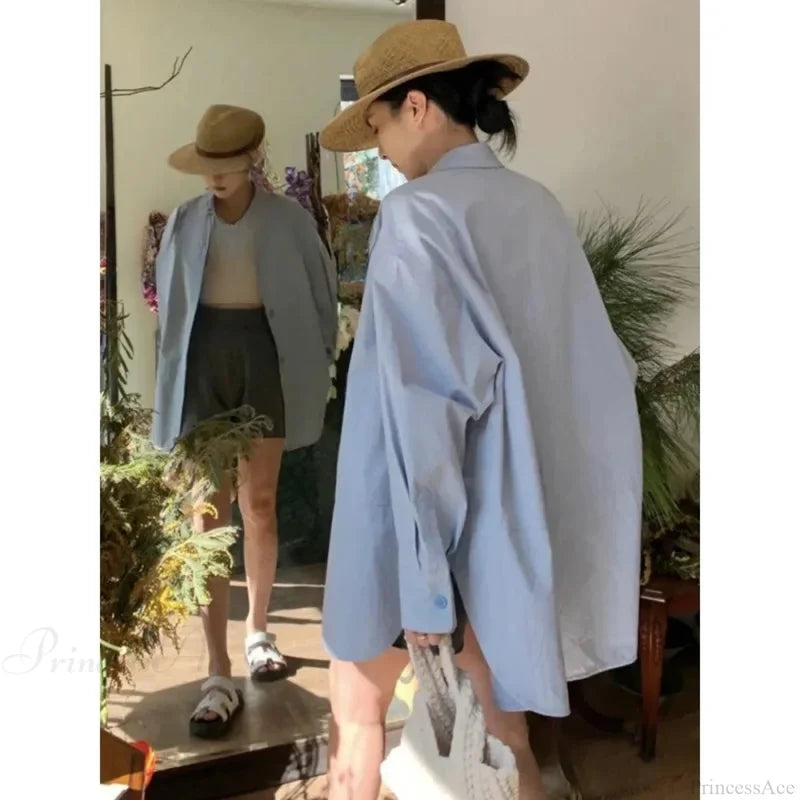 Korean Hip Hop Casual Blue Blouse Women Blouse blouse-250126