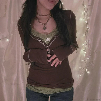 Korean Retro Ribbed Knit T-shirt Button Up Long Sleeve Sweater Women knittop-250126