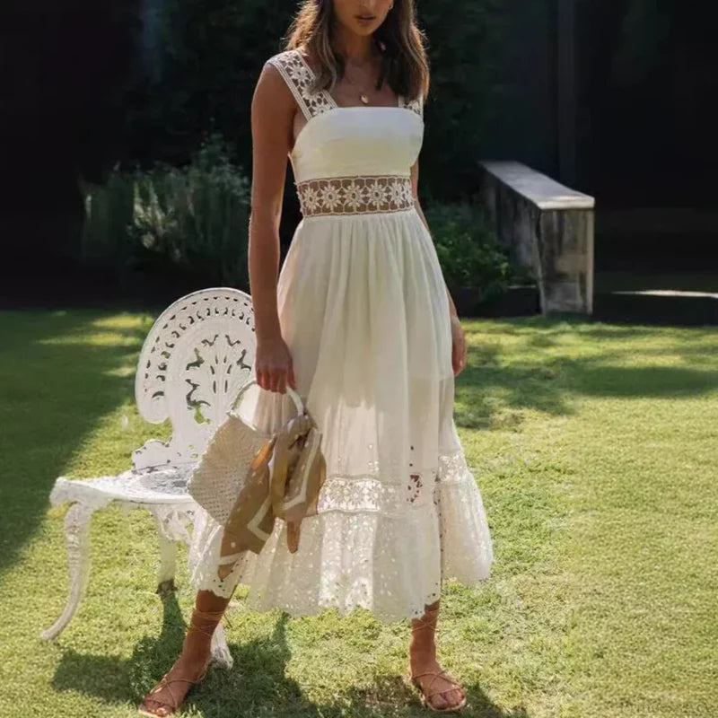 Lace Cotton Sleeveless White Hollow Out Maxi Boho Sundress bohodress-250126