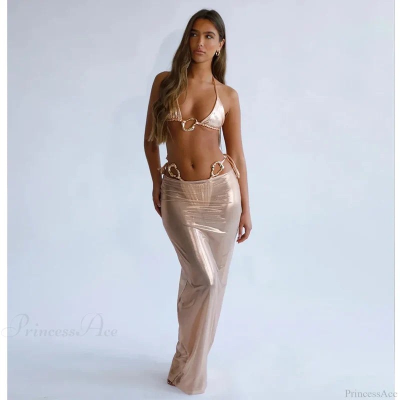 Lace Cover Maxi Dress Three Piece Swimsuit white / S