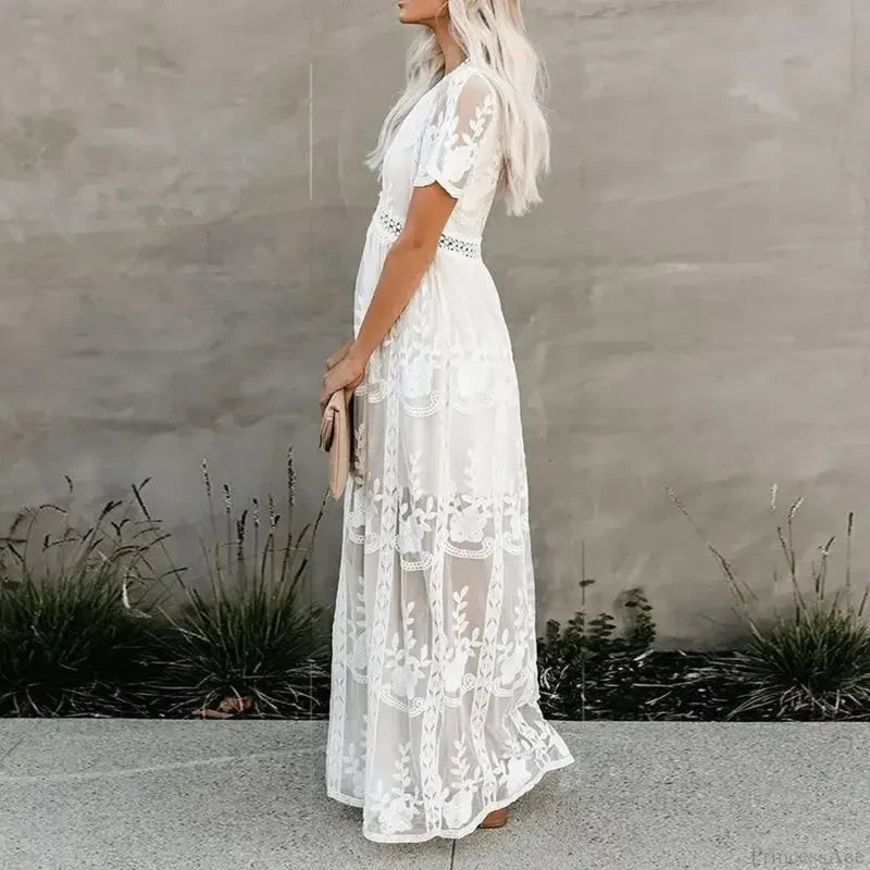 Lace Embroidery Patchwork Long Sleeve White Boho Dress bohodress-250126