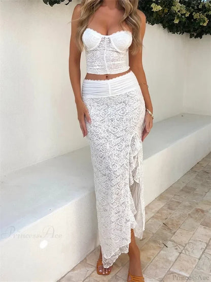 Lace Floral Bustiers Crop Top High Split Long Skirt Set skirt-250126