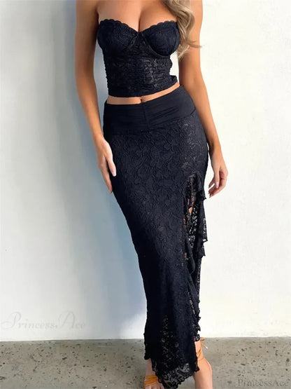 Lace Floral Bustiers Crop Top High Split Long Skirt Set skirt-250126