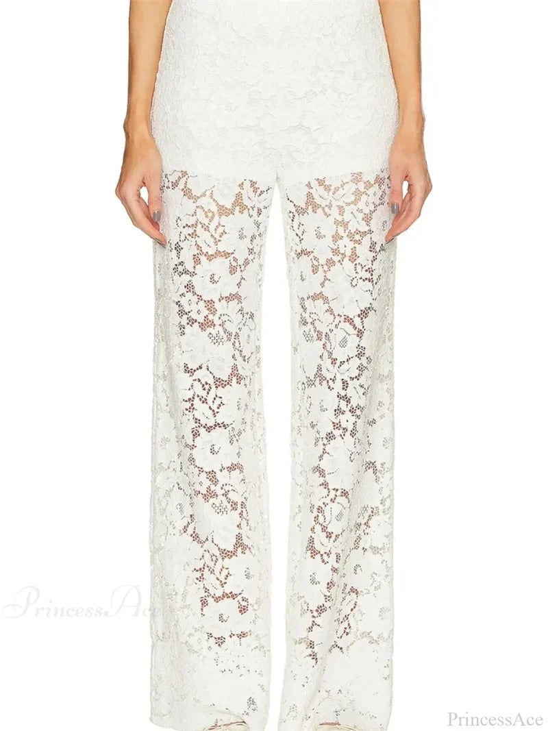 Lace Floral Loose Wide Leg See-Through Mesh Pant pant-250223