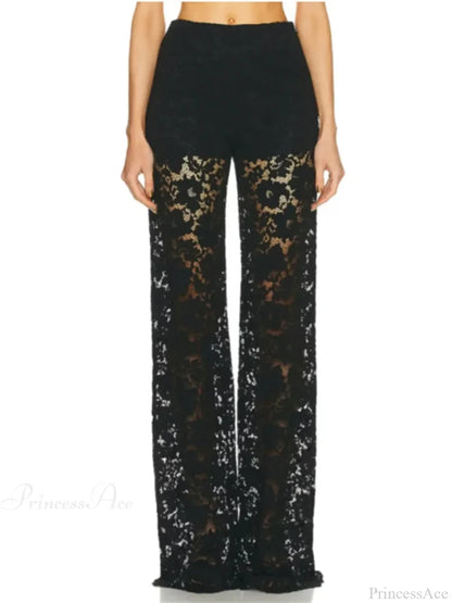 Lace Floral Loose Wide Leg See-Through Mesh Pant Black / S pant-250223
