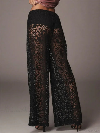 Lace Floral Mesh See-Through Black Wide Leg Pant pant-250223
