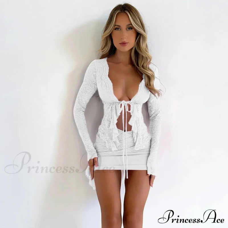 Lace Long Gown And Sexy Skirt Set Mini T-Shirt Irregular Piece Arm Lace-Up Party Women Sets Two