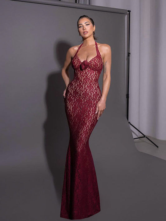 Lace Halter Neck Fitted Bodycon Party Dress