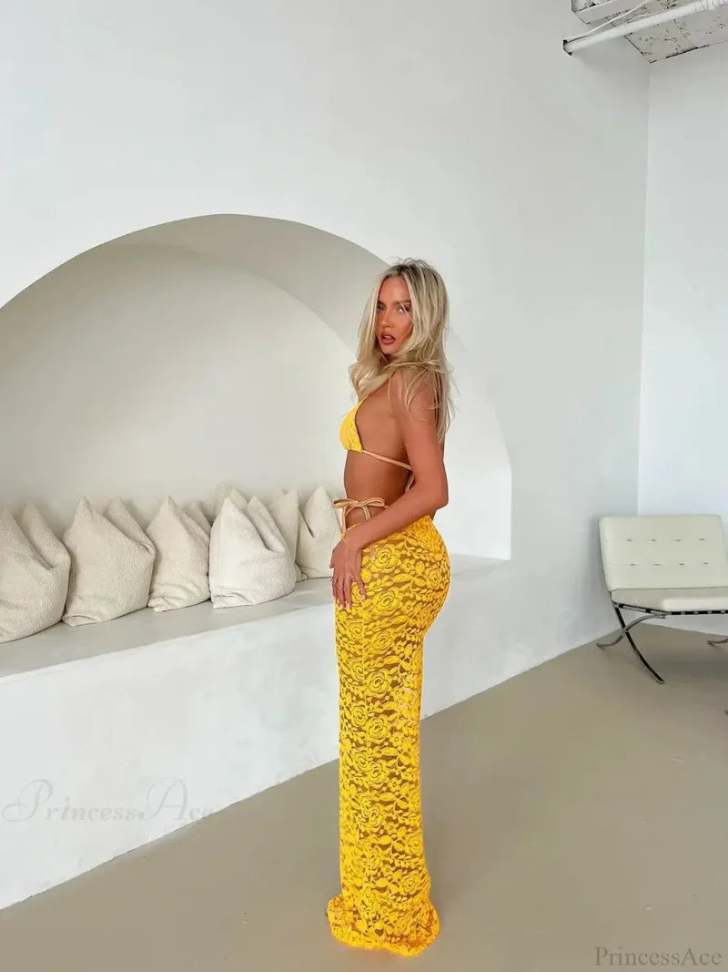 Lace Halter Skirt Three Piece Swimsuit
