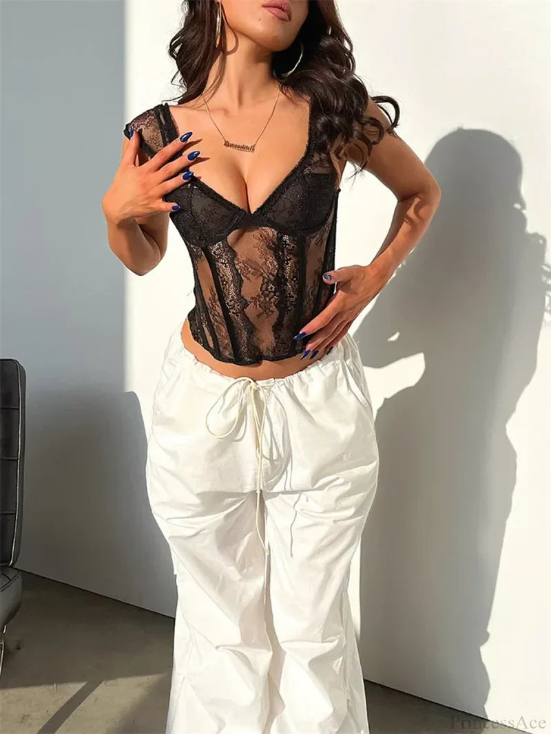 Lace Mesh Sheer Sleeveless V-neck Crop Top croptop-250126
