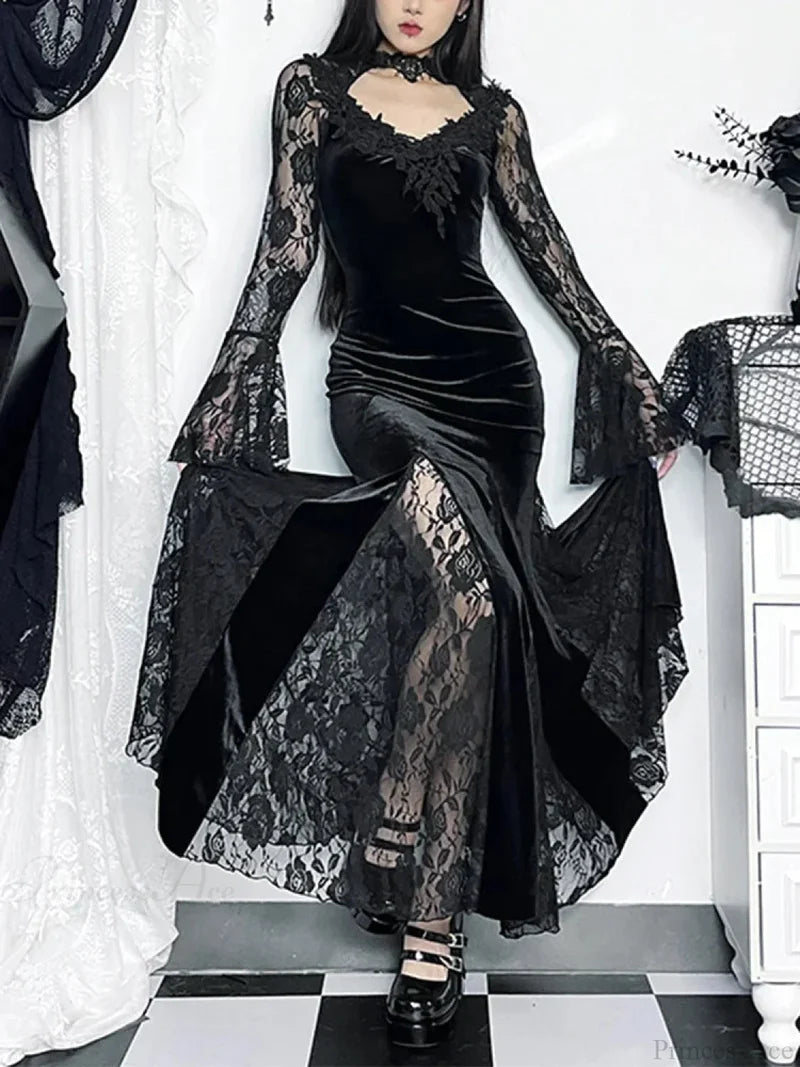 Lace Patchwork Flare Sleeve Maxi Dress Black / S